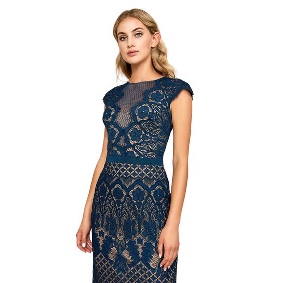 Tadashi Shoji Midnight Blue Brogan Nude Lace Cocktail Dress - Picture 2 of 11